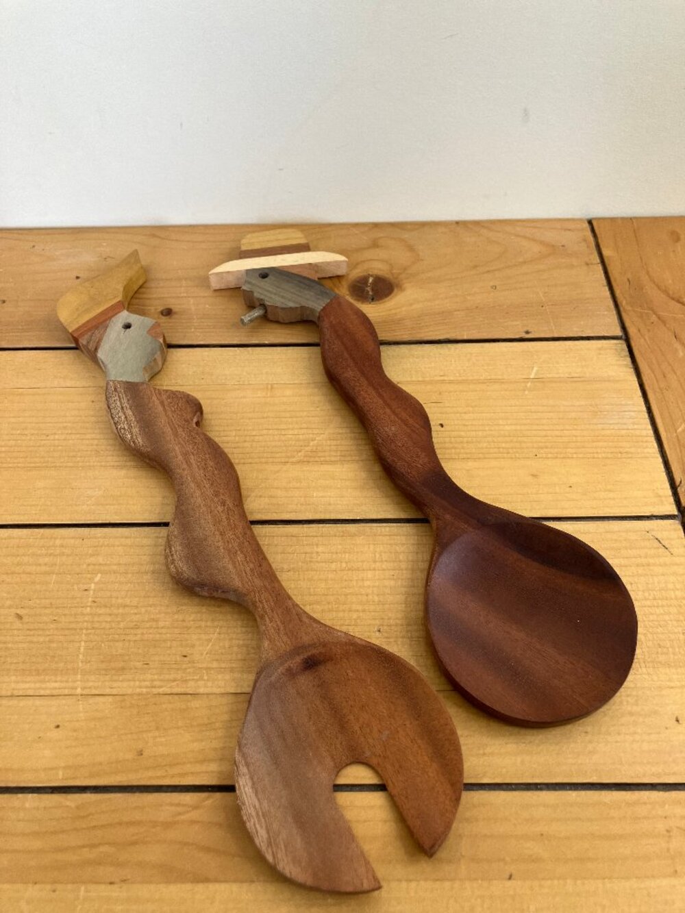 Hand Crafted Wood Salad Serving Spoon & Fork Man & Woman Figure with Hats
